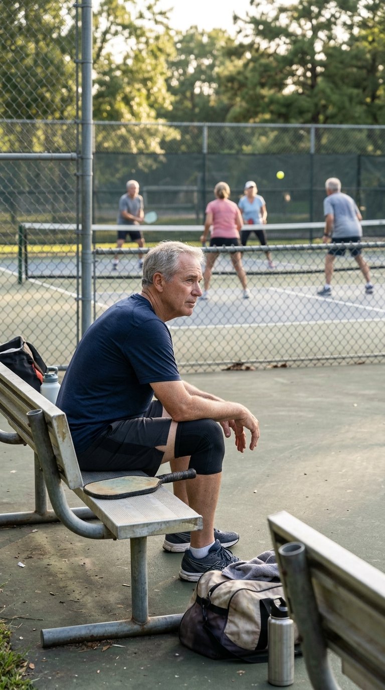 Player watching pickleball from the sidelines